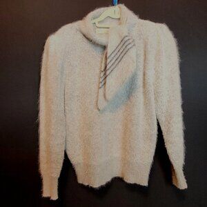 Vintage Mohair Sweater Gray Tie Neck Sung Hee Fashions Pullover Shoulder Pads Lg